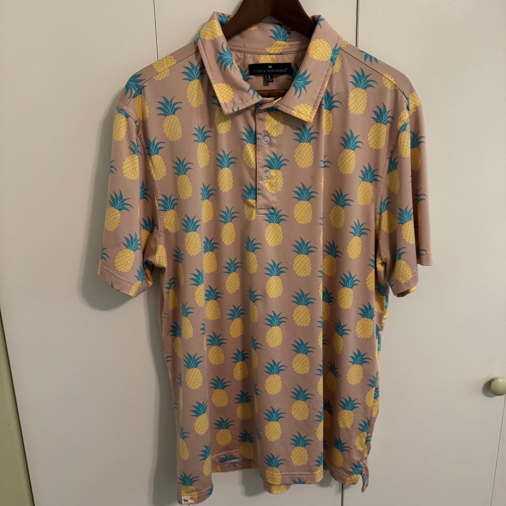Simply Southern Mens Pineapple Performance Polo Shirt Pink Size L Short Slv